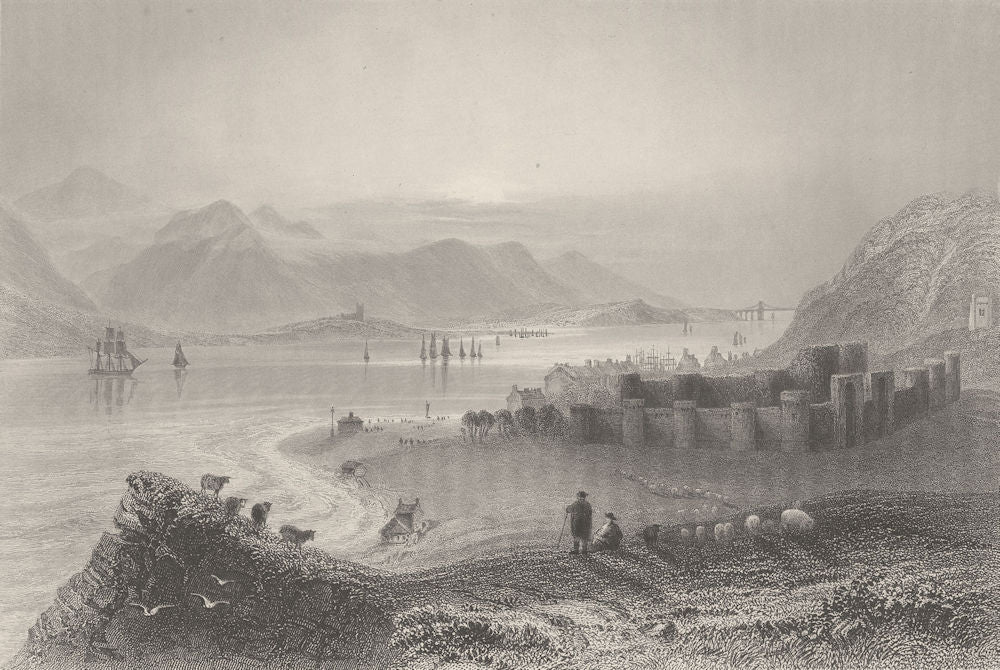 Beaumaris, with the Menai Strait, Anglesey. Wales. BARTLETT 1842 old print